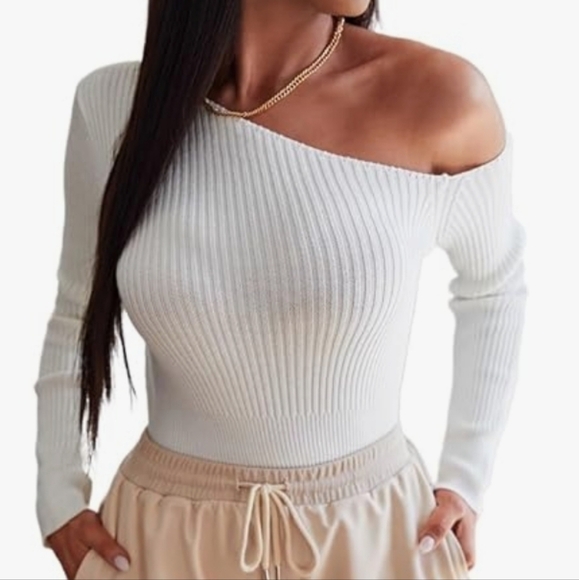 Commense Tops - Commense Ribbed One-Shoulder Sweater Top White Size Large Trendy Minimalist